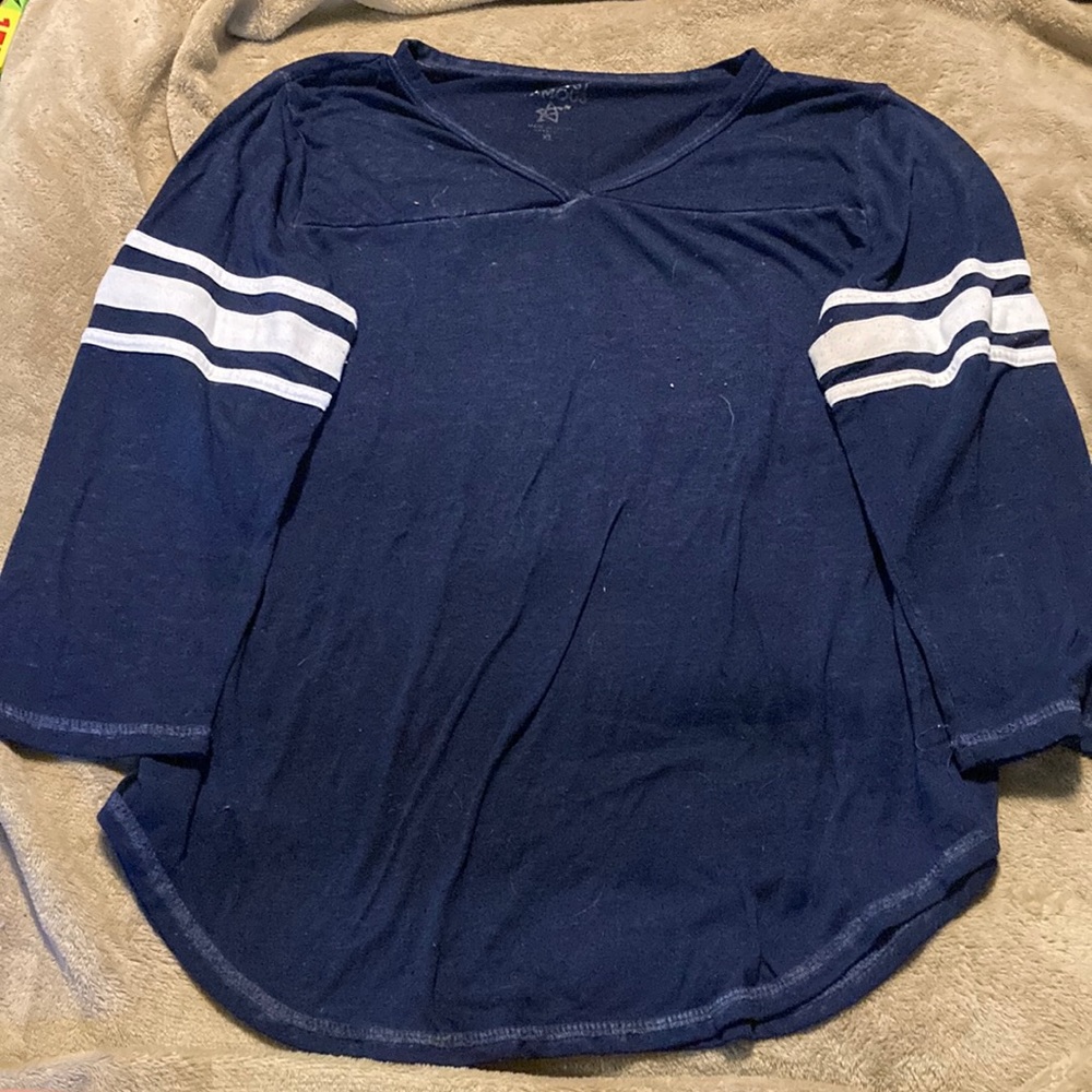 Blue Long Sleeve Tee with White Stripes on Sleeves